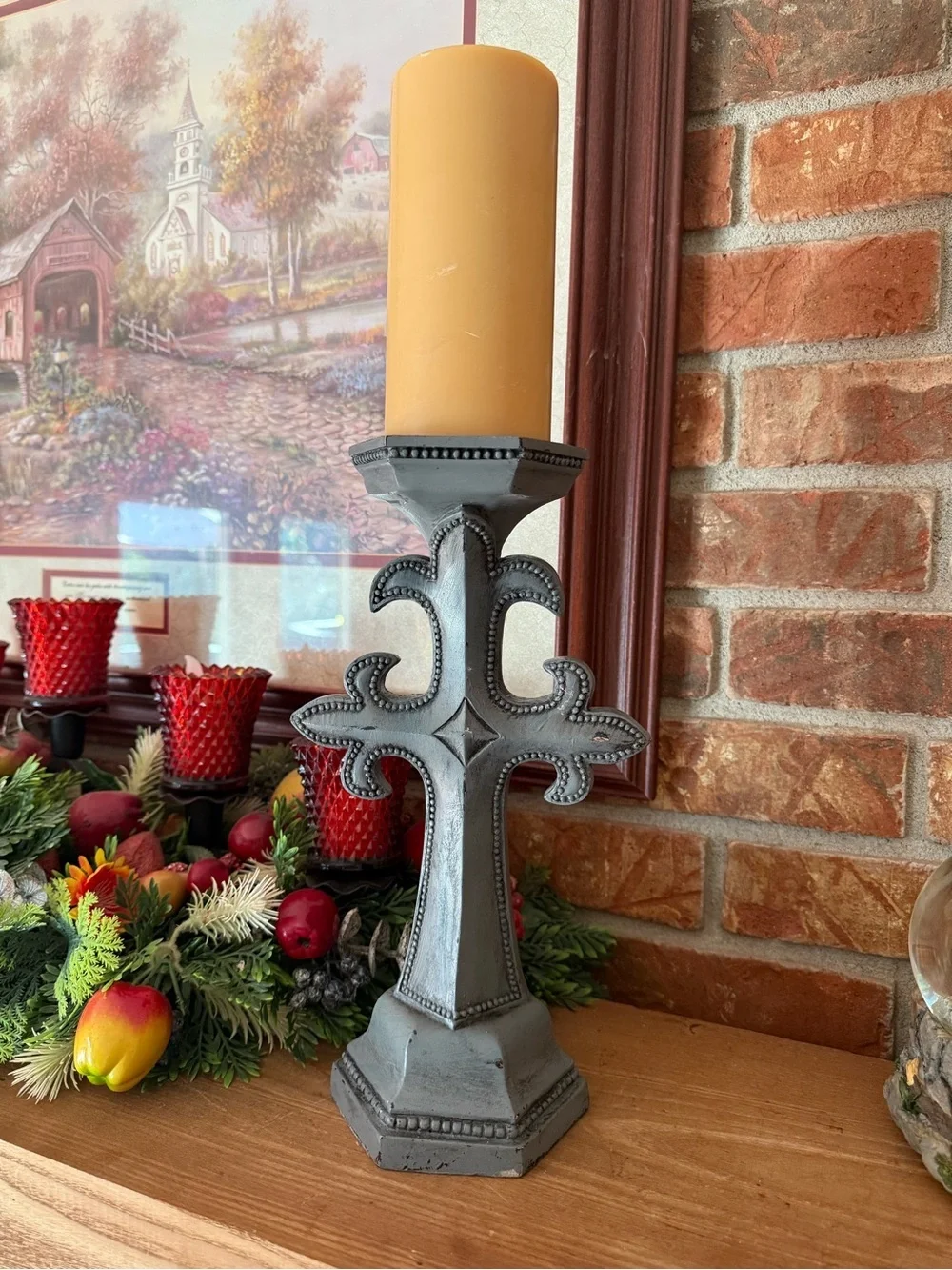 Vintage 80s Gothic Fleur-de-Lis Grey Stone-Look Cross Candle Holder - 18